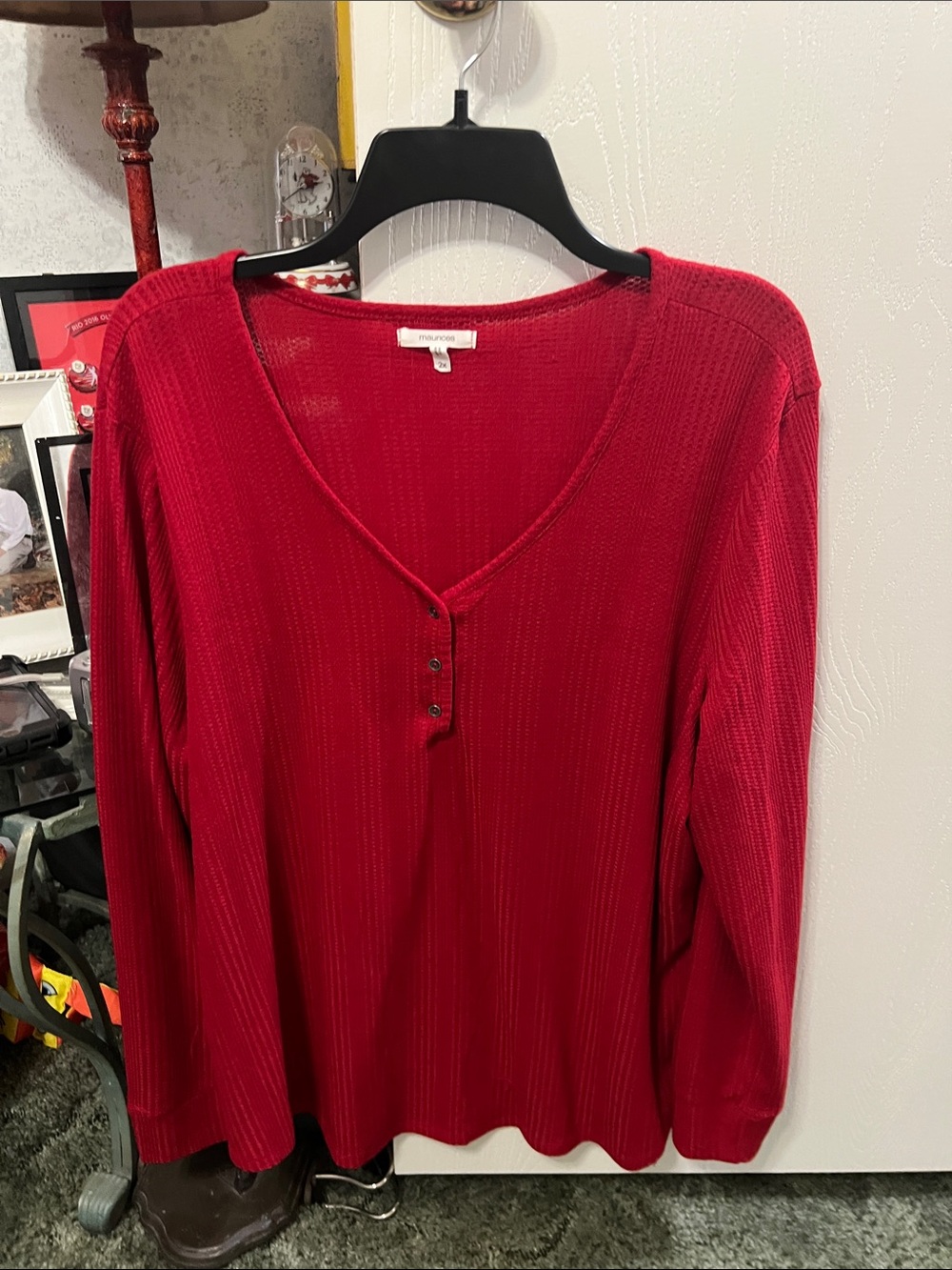 Maurices Red Ribbed V-Neck Henley Long Sleeve Top